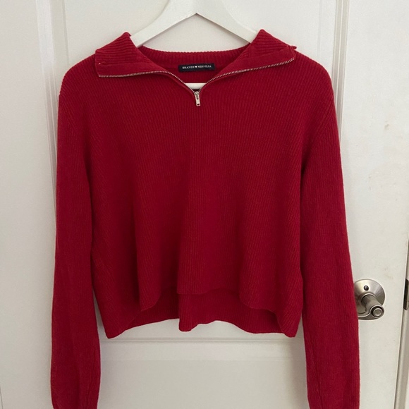 Brandy Melville Red Knit Quarter zip Sweater - Picture 2 of 4